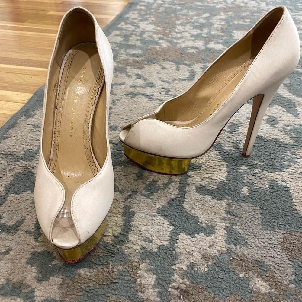 Charlotte Olympia Nude and Gold Pumps